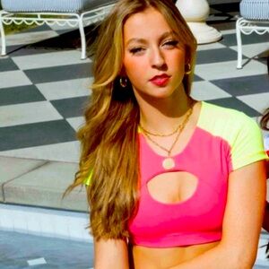 Five Dance Maydsen Yellow & Pink Keyhole Short Sleeve Cropped Top Sports Bra